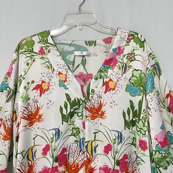 Natori Women's Kaftan Kimono Large Under The Sea Fish Pockets Zip Up Multicolor - Picture 2 of 14